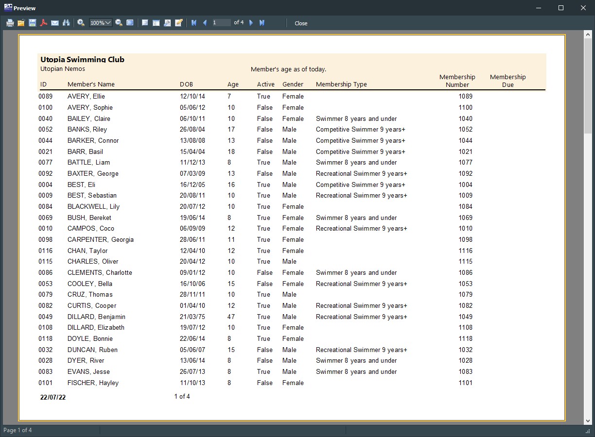 Club Members LIST report.